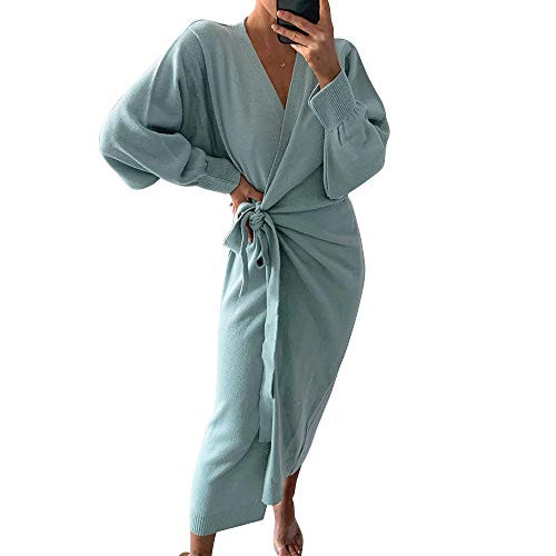 Exlura Womens Knit Sweater Dress Casual Solid Long Sleeve Wrap Maxi Dresses with Belt Green