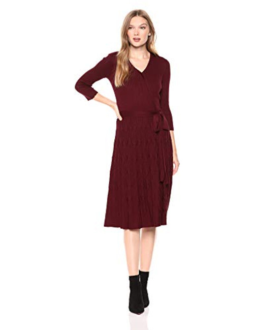 Gabby Skye Women s 3 4 Sleeve V Neck Faux Wrap Sweater Fit and Flare Dress  Raisin  L