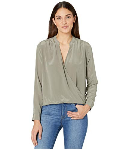 Splendid Long Sleeve Silk Mixed Media Surplice Top Moss XS  Women s 0 2
