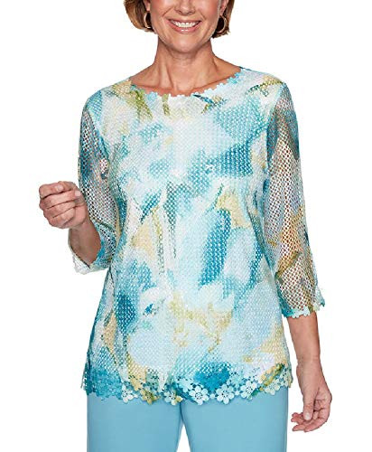 Alfred Dunner Women s Petite Abstract Mesh Floral Top  Multi  PL