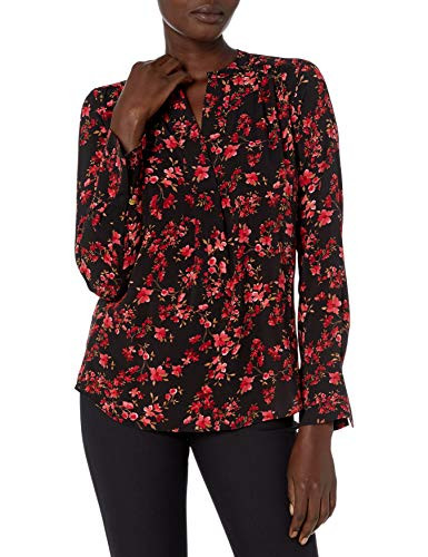 Calvin Klein Women s Printed Long Sleeve V Neck Top  Red Multi  Small