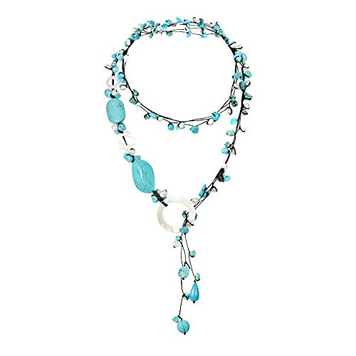 AeraVida Simulated Turquoise Mother of Pearl Cultured Freshwater Pearl Cotton Wax Rope Wrap Around Necklace AeraVida Simulated Turquoise Mother of Pearl Cultured Freshwater Pearl Cotton Wax Rope Wrap Around Necklace