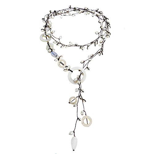 AeraVida White Mother of Pearl and Cultured Freshwater White Pearl on Cotton Wax Rope Long Wrap Around Y Necklace AeraVida White Mother of Pearl and Cultured Freshwater White Pearl on Cotton Wax Rope Long Wrap Around Y Necklace