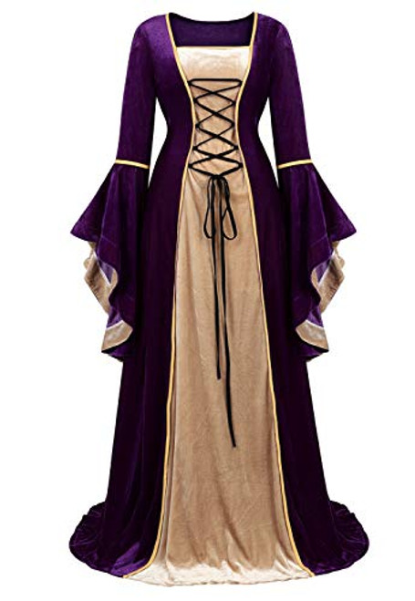 Haorugut Renaissance Costume Women Medieval Dresses Faire Costumes Velvet lace up Irish Dress Purple S