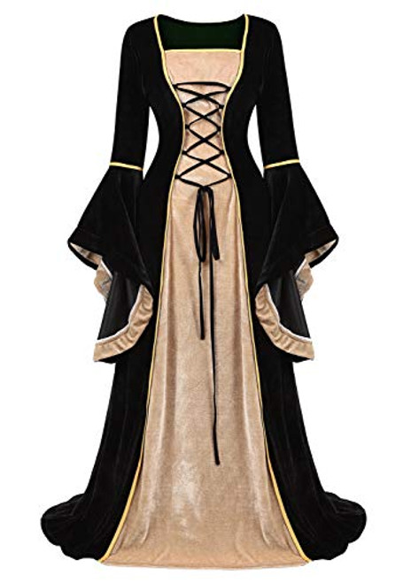 Haorugut Renaissance Costume Women Medieval Dresses Faire Costumes Velvet lace up Irish Dress Retro Gown Cosplay Black M