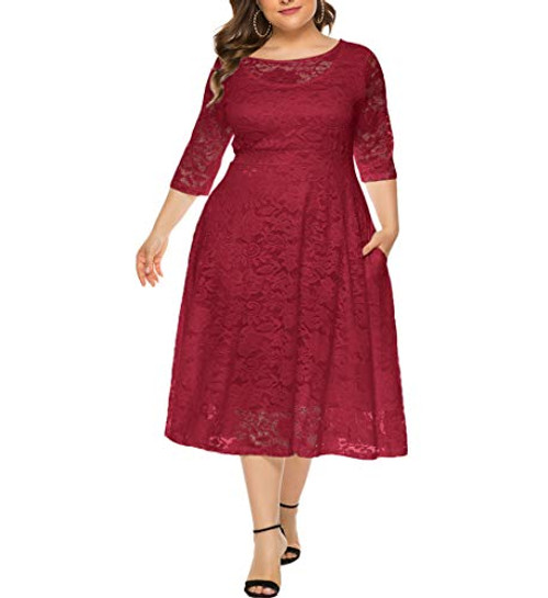 Eternatastic Womens Scooped Neckline Floral lace Top Plus Size Cocktail Party Midi Dress 4XL Red