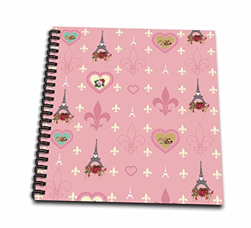 3dRose db_210928_1 Pink Hearts, Eiffel Towers, and Fleur De Lis Pattern Drawing Book, 8 x 8"