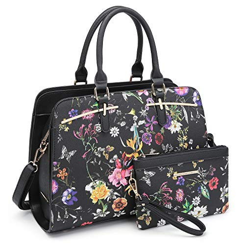 Dasein Women Satchel Handbag Shoulder Purse Top Handle Work Bag Tote Bag With Matching Wallet  Black Floral