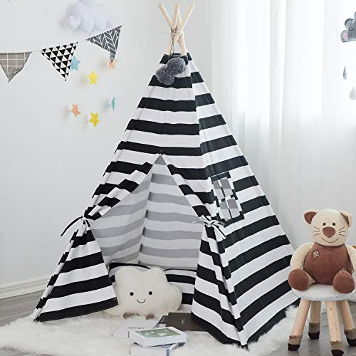 Teepee Tent for Kids Horizontal Stripe Play Tent for Boy Girl Indoor Outdoor Cotton Canvas Children Teepee with Carrying Bag Black Stripe Teepee Tent for Kids Horizontal Stripe Play Tent for Boy Girl Indoor Outdoor Cotton Canvas Children Teepee with Carrying Bag Black Stripe