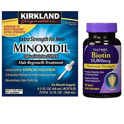 Kirkland Minoxidil 5 Extra Strength Hair Regrowth for Men 6 Month Supply with Natrol Biotin 10 000 Mcg Maximum Strength Tablets 100 count Kirkland Minoxidil 5 Extra Strength Hair Regrowth for Men 6 Month Supply with Natrol Biotin 10 000 Mcg Maximum Strength Tablets 100 count
