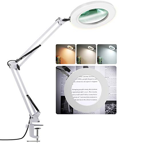 LANCOSC Magnifying Desk Lamp 8 Diopter 5X Real Glass Lens 3 Color Modes Stepless Dimmable Adjustable Swivel Arm with Clamp LED Magnifier Light and Stand for Crafts Reading Close Work White LANCOSC Magnifying Desk Lamp 8 Diopter 5X Real Glass Lens 3 Color Modes Stepless Dimmable Adjustable Swivel Arm with Clamp LED Magnifier Light and Stand for Crafts Reading Close Work White