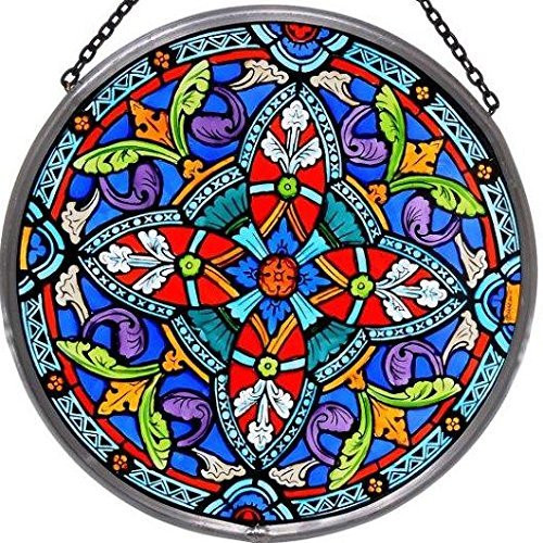 Decorative Hand Painted Stained Glass Window Sun Catcher Roundel in an Ornate Quatrefoil Design