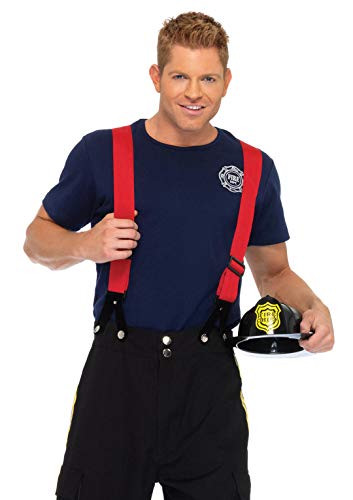 Leg Avenue Men s 3pc fire Captain Pants w Reflective Trim  t Shirt Suspenders  Black Red  X Large