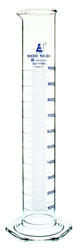Measuring Cylinder  1000ml   Class B  Tolerance  ±10 00ml   Hexagonal Base   Blue Graduations   Borosilicate Glass   Eisco Labs