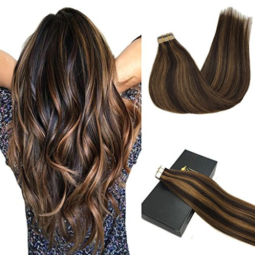 GOO GOO Remy Hair Extensions Tape in Human Hair Ombre Dark Brown Highlighted Chestnut Brown Real Hair Extensions Tape in Straight 20pcs 50g 18inch GOO GOO Remy Hair Extensions Tape in Human Hair Ombre Dark Brown Highlighted Chestnut Brown Real Hair Extensions Tape in Straight 20pcs 50g 18inch