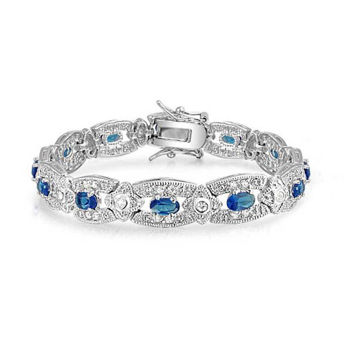 Bling Jewelry Vintage Style Fashion Statement Bracelet for Women Blue AAA CZ Cubic Zirconia Simulated Sapphire Silver Plated Brass