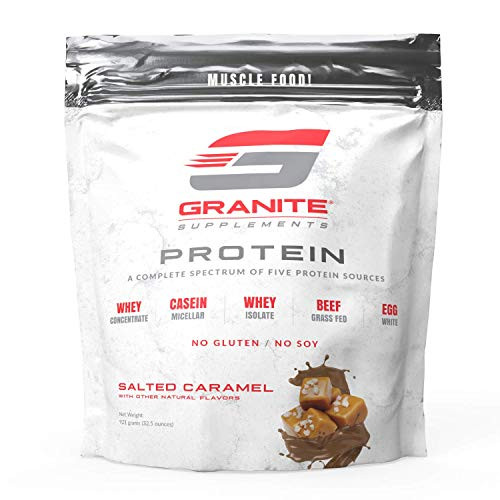 Protein Powder by Granite   30 Serving of Complete Spectrum Protein to Build Lean Muscle   5 Protein Sources  Whey Concentrate  Micellar Casein  Isolate  Grass Fed Beef  Egg White   2lb Salted Caramel