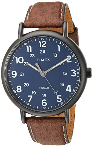 Timex Men s TW2T73200 Weekender 43mm Brown Blue Two Piece Leather Strap Watch