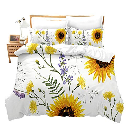 Feelyou Sunflower Duvet Cover Set Queen Size 3D Print Bedding Set Stylish Decor Pastoral Comforter Cover with 2 Pillowcases Blossom Flowers Ultra Soft Microfiber Zipper 3 Pcs Novely Floral Branches