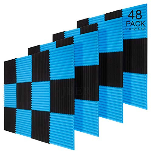 JBER 48 Pack Blue Charcoal Acoustic Panels Studio Foam Wedges Fireproof Soundproof Padding Wall Panels 1  X 12  X 12