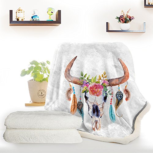 ARIGHTEX Boho Chic Western Bull Skull Blanket Watercolor Floral Cow Skull Blanket Reversible Sherpa Fleece Throw Blankets (60 x 80 Inches)