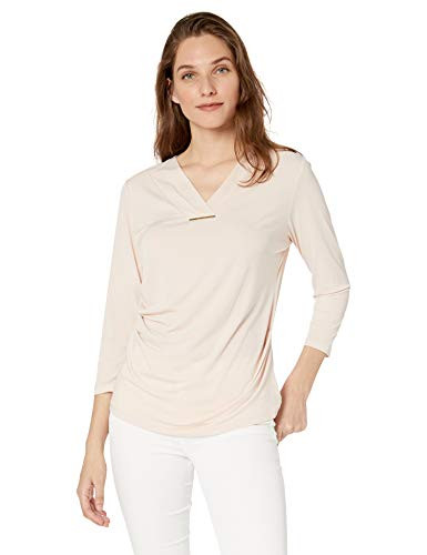 Calvin Klein Women s 3 4 Sleeve Top with Ruching and Bar Hardware  Blush  Large