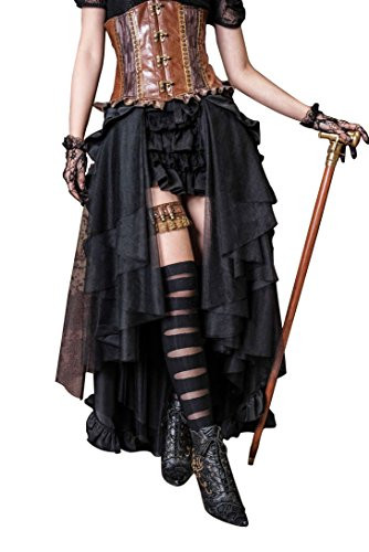 HaoLin Steampunk Retro Victorian Punk Cincher Lace up Long Ruffle Pencil Skirt Black