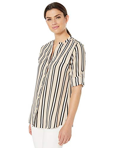 Calvin Klein Womens V Neck Roll Sleeve Top  Latte Black  Small