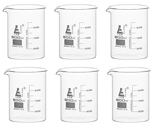 6PK Beakers  800ml   Griffin Style  Low Form with Spout   White  100ml Graduations   Borosilicate 3 3 Glass   Eisco Labs
