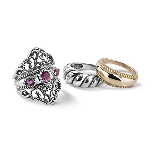 Carolyn Pollack Sterling Silver and Brass Rhodolite Garnet Gemstone Guard Ring Set Size 8