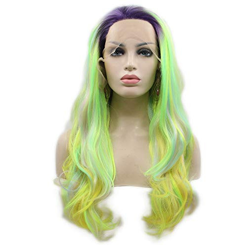 RainaHair Long Wavy Hair Dark Purple Roots to Yellow Green Synthetic Lace Front Wigs Ombre Bright Color Natural Looking Friendly Daily Wear Party Wigs for Women Drag Queen Wigs 24inches RainaHair Long Wavy Hair Dark Purple Roots to Yellow Green Synthetic Lace Front Wigs Ombre Bright Color Natural Looking Friendly Daily Wear Party Wigs for Women Drag Queen Wigs 24inches