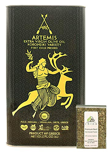Artemis  Greek Extra Virgin Olive Oil  EVOO   Koroneiki Variety  First Cold Pressed  GMO Free  PDO Messara Crete  Greece  3 Liter  101 5 Fl oz   FREE Premium Basil Leaves from Rhino Fine Foods   071oz