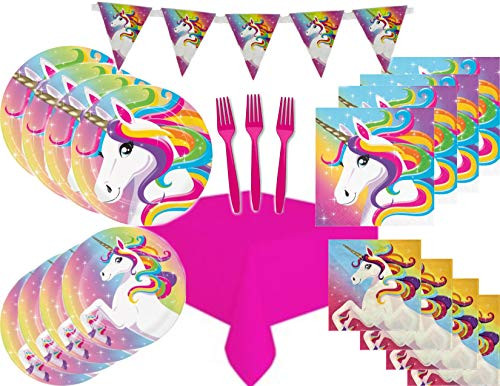 Unicorn Birthday Party Supply Bundle for 20 Guests - Includes Plates, Napkins, Tablecover, Banner and Forks