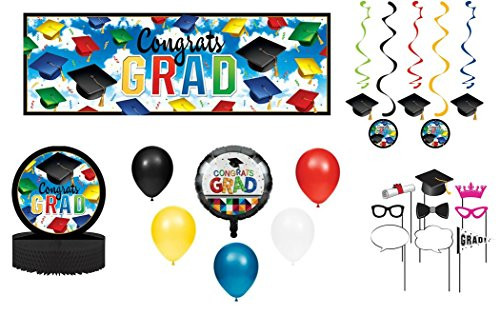 Graduation Celebration Party Decorations: Banner, Balloons, Centerpiece, Dizzy Danglers, and Photo Booth Prop Set 5-Piece Bundle 