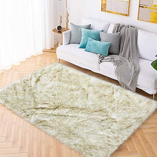 Carvapet Shaggy Soft Faux Sheepskin Fur Area Rugs Floor Mat Luxury Beside Carpet for Bedroom Living Room 3ft x 5ft  White with Brown Tips