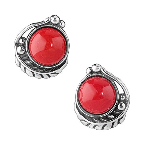 American West Sterling Silver Red Coral Gemstone Leaf Button Earrings