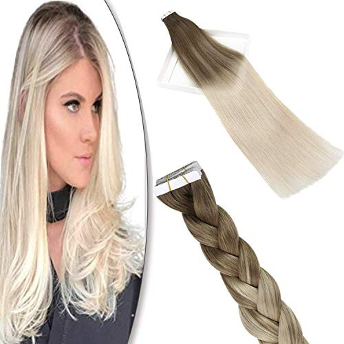 YoungSee Tape in Extensions Balayage Human Hair Platinum Blonde Mixed Light Brown Ombre Tape in Hair Extensions Human Hair 18 Inch 20pcs 50g