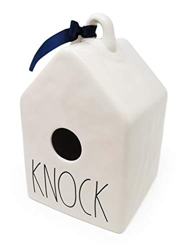 Rae Dunn By Magenta KNOCK Ceramic LL Decorative Birdhouse With Navy Blue Ribbon 2020 Limited Edition
