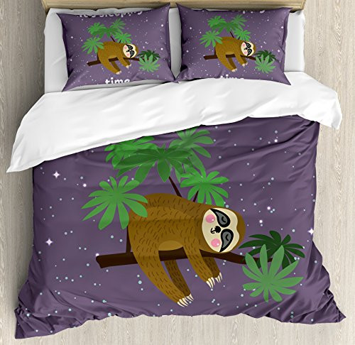 Ambesonne Sloth Duvet Cover Set  Cartoon Character Sleeping on Branch Jungle Animal in Night Sky Kids Theme  Decorative 3 Piece Bedding Set with 2 Pillow Shams  Queen Size  Plum Brown
