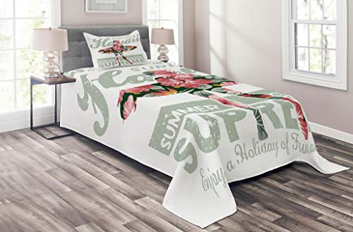 Lunarable Hawaiian Coverlet Set Twin Size  Tropical Hawaii Hibiscus Surfing Girl Silhouette Surfboard Retro Themed Artprint  2 Piece Decorative Quilted Bedspread Set with 1 Pillow Sham  Coral Green