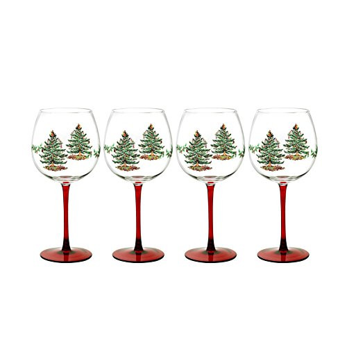 Spode Christmas Tree Glass Wine Goblet with Red Stem  Set of 4