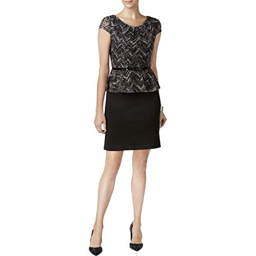 Connected Apparel Womens Petites Jacquard Peplum Wear to Work Dress Black