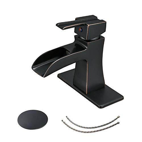 BWE Bathroom Sink Faucet Oil Rubbed Bronze Waterfall Single Handle One Hole Lavatory Sink Faucets with Pop up Drain Assembly with Overflow Basin Vanity Mixer Tap Deck Mount Supply Line Lead Free