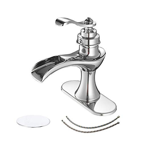 BWE Bathroom Sink Faucet with Drain Assembly and Supply Line Lead Free Waterfall Bathroom Faucet Chrome Single Handle Lavatory Mixer Tap Deck Mounted