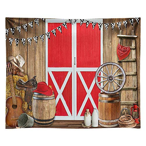 Funnytree 10x8FT Durable Fabric Western Cowboy Scene Photography Backdrop Red Barn Door Farm BBQ Party Decoration Cowgirl Background Photo Booth Durable Fabric