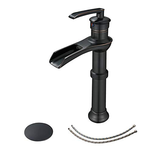 BWE Vessel Sink Faucet Oil Rubbed Bronze with Drain Assembly Without Overflow and Supply Line Waterfall Bathroom Faucet Tall Body Single Handle Single Hole Lavatory Mixer Tap Lead Free