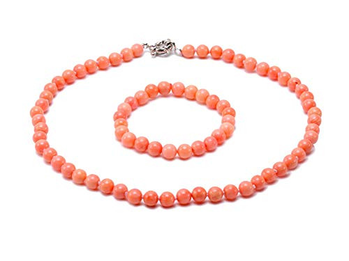 JYX Corals Jewelry Set Coral Necklace Bracelet 8mm Light Pink Sea Bamboo Coral Jewelry for Women JYX Corals Jewelry Set Coral Necklace Bracelet 8mm Light Pink Sea Bamboo Coral Jewelry for Women