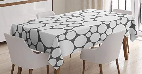 Ambesonne Geometric Circle Tablecloth by, Retro Pattern with Large Small Round Dots Abstract Art Print Image, Dining Room Kitchen Rectangular Table Cover, 52 W X 70 L Inches, Dark Grey White