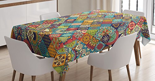 Ambesonne Bohemian Tablecloth by, Checkered Pattern with Ethnic Ornamental Floral Figures Ethnic Folk Art Abstract, Dining Room Kitchen Rectangular Table Cover, 52 W X 70 L Inches, Multicolor