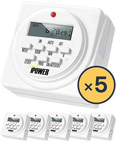iPower GLTIMEDWEEKX5 5 Pack 7 Day Programmable Digital Electric Timer Dual Outlet  Grounded  5 Pack  White